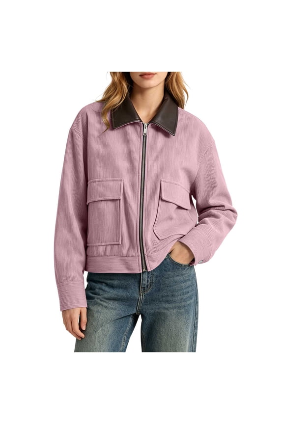 Womens Cropped Corduroy Jacket Casual Leather Collared Patchwork Zipper Shacket Coat with Pockets Long Sleeve Utility Bomber Jacket