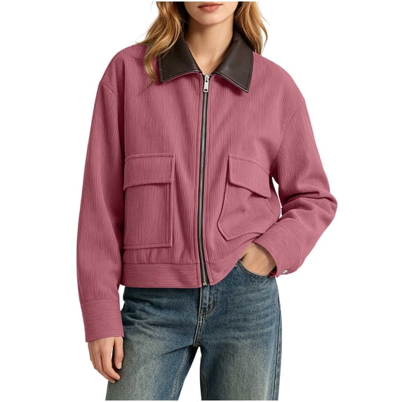 OGLCCG Womens Cropped Corduroy Jacket Casual Leather Collared Patchwork Zipper Shacket Coat with Pockets Long Sleeve Utility Bomber Jacket