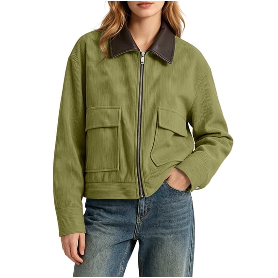 OGLCCG Womens Cropped Corduroy Jacket Casual Leather Collared Patchwork Zipper Shacket Coat with Pockets Long Sleeve Utility Bomber Jacket