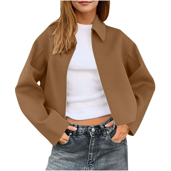 OGLCCG Womens Cropped Pea Coats Zip Up Casual Wool Blend Bomber Jackets Fall Winter Trendy Long Sleeve Short Outerwear with Pockets,M,Brown