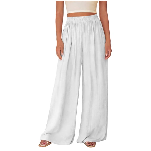 OGLCCG Womens Elastic Waist Wide Leg Pants Loose Fit Pleated Flowy Palazzo Pants Lightweight Summer Vacation Beach Pants,L,White