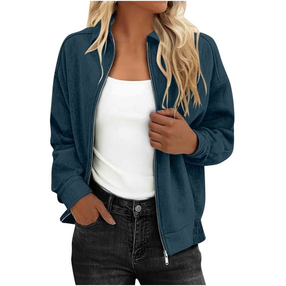 OGLCCG Womens Lightweight Bomber Jackets Casual Long Sleeve Full Zipper Shacket Coats Solid Color Fall Trendy Loose Outwear,L,Dark Blue