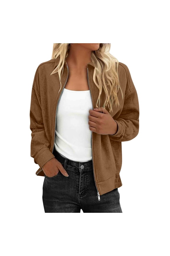 Womens Lightweight Bomber Jackets Casual Long Sleeve Full Zipper Shacket Coats Solid Color Fall Trendy Loose Outwear,XL,Khaki