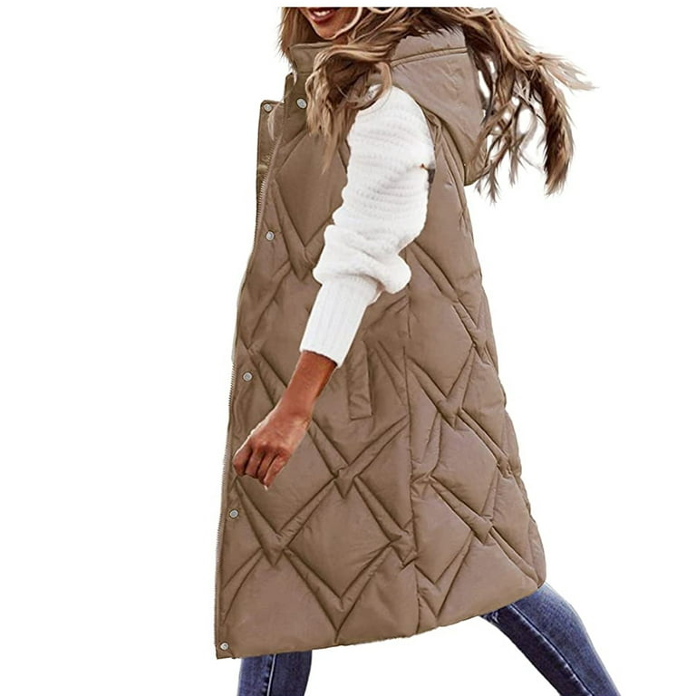 OGLCCG Womens Long Puffer Vest Winter Quilted Hooded Thick Padded Jacket  Vest Button Sleeveless Lightweight Solid Color Down Vest Coat Outwear