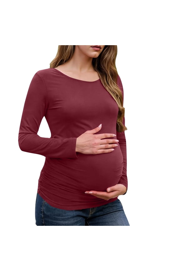 Womens Maternity Shirts Long Sleeve 3 Packs Pregnancy Tee Top Ruch Sides Bodycon Blouse Casual Mama Clothes S-XXL
