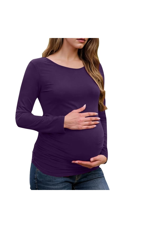 Womens Maternity Shirts Long Sleeve 3 Packs Pregnancy Tee Top Ruch Sides Bodycon Blouse Casual Mama Clothes S-XXL