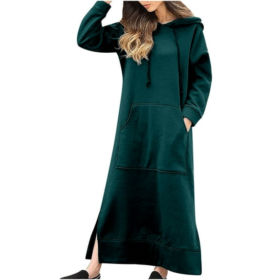 OGLCCG Womens Maxi Sweatshirt Dress Oversized Fall Winter Warm Fleece Long Hoodie Dress Casual Loose Fit Pullover Lounge Outerwear with Kangaroo Pocket