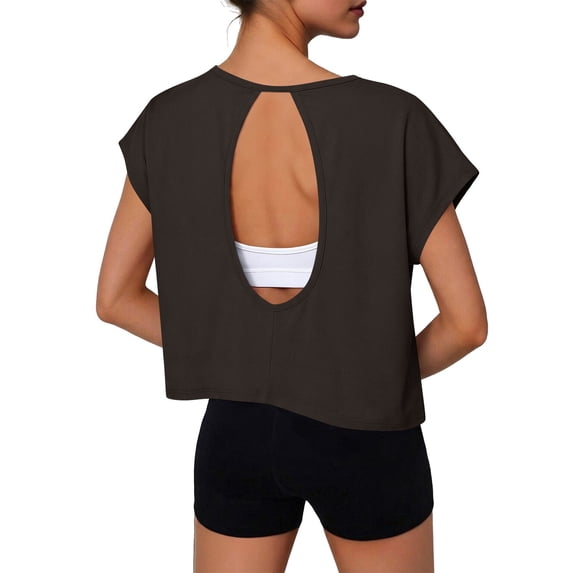 OGLCCG Womens Open Back Workout Tops Oversized Crop Gym Running Yoga T Shirts Loose Fit Summer Short Sleeve Athletic Tees,M,Brown