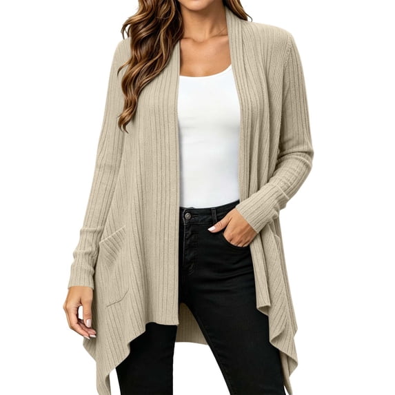 OGLCCG Womens Open Front Draped Cardigan, Ribbed Knit Long Sleeve Asymmetrical Hem Cardigans with Pockets,Cardigan Sweaters for Women,Size S-XXL