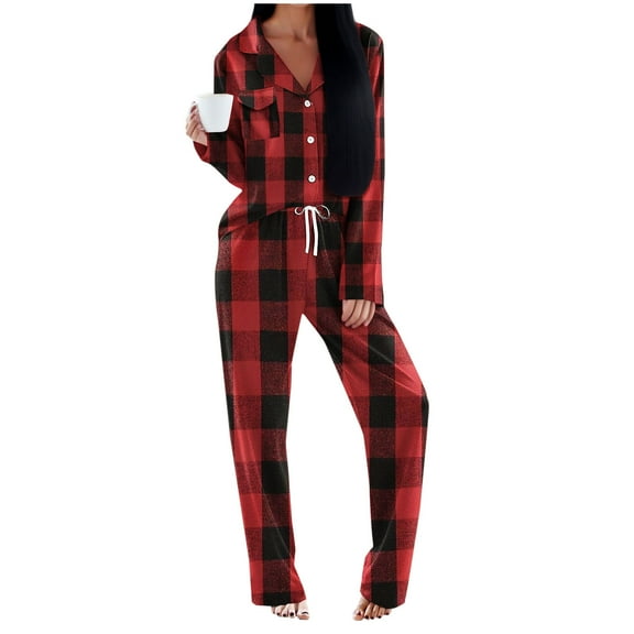 OGLCCG Womens Plaid Pajamas Set Long Sleeve Button Down Nightwear Tops and Wide Leg Pants Casual Soft Sleepwear Loungewear Sets,S,Red