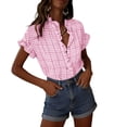 thumbnail image 1 of OGLCCG Womens Plaid Ruffle V Neck Button Down Shirts Casual Short Sleeve Gingham Trendy Tops Loose Fit Work Checkered Shirt,M,Pink, 1 of 8