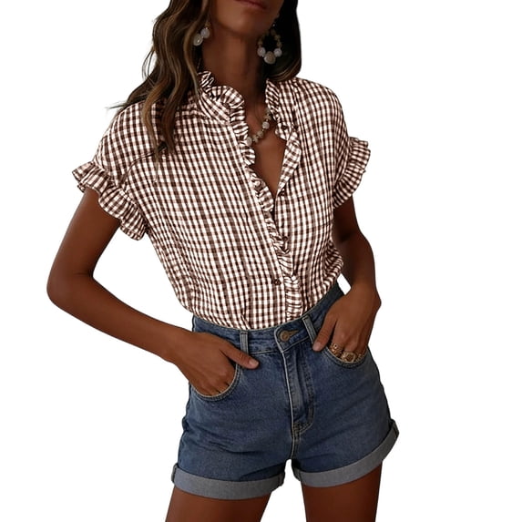 OGLCCG Womens Plaid Ruffle V Neck Button Down Shirts Casual Short Sleeve Gingham Trendy Tops Loose Fit Work Checkered Shirt,XL,Coffee