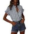 thumbnail image 1 of OGLCCG Womens Plaid Ruffle V Neck Button Down Shirts Casual Short Sleeve Gingham Trendy Tops Loose Fit Work Checkered Shirt,XL,Gray, 1 of 8