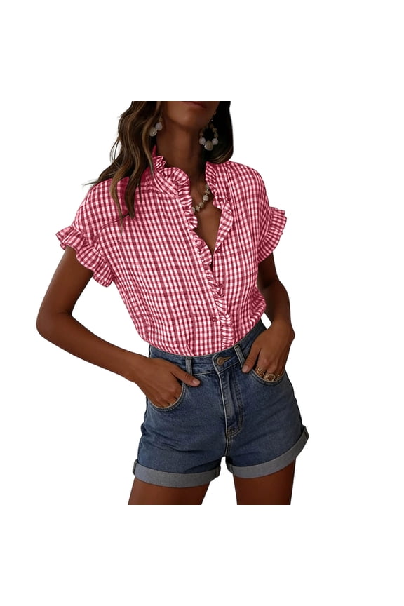 Womens Plaid Ruffle V Neck Button Down Shirts Casual Short Sleeve Gingham Trendy Tops Loose Fit Work Checkered Shirt,XXL,Red