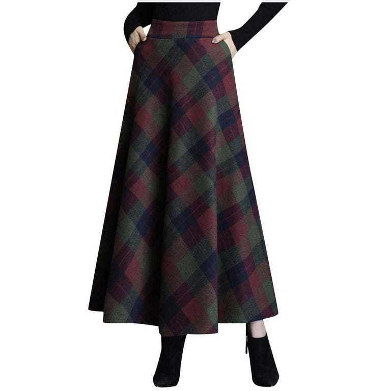 OGLCCG Womens Plaid Wool Long Skirts Fall Winter Trendy High Waist