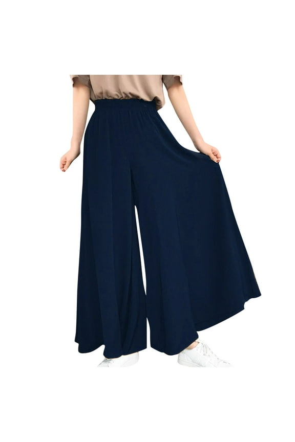 Womens Plus Size Wide Leg Palazzo Pants Elastic High Waist Loose Casual Pants Flowy Beach Maxi Skirt Pant with Pockets