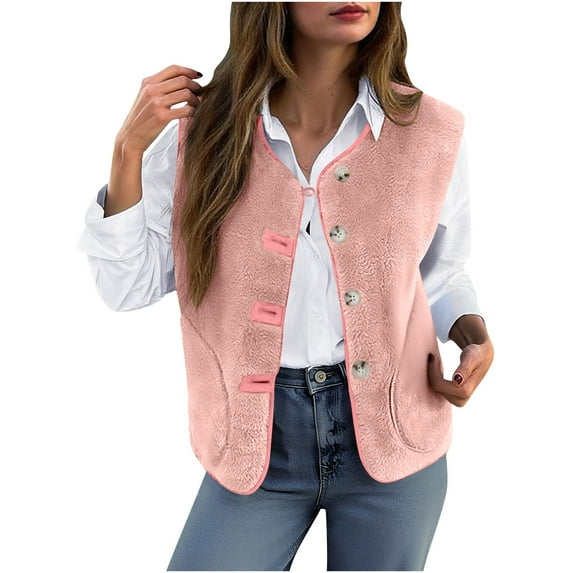 OGLCCG Womens Sherpa Fleece Vest Lightweight Button Down Fuzzy Sleeveless Crop Jacket Trendy Winter Warm Soft Outerwear with Pockets,XL,Pink