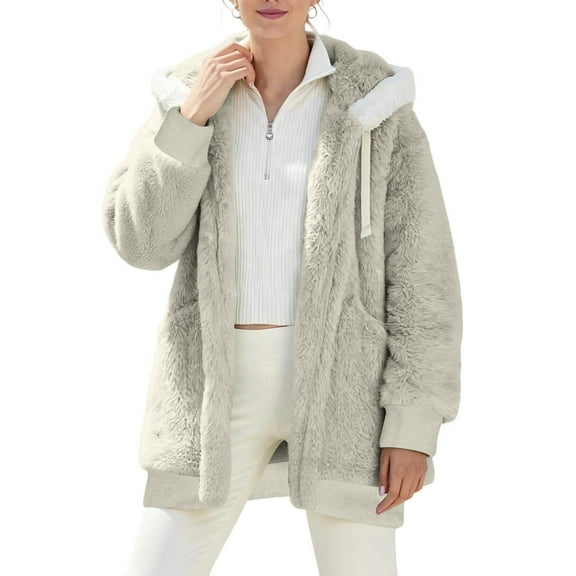 OGLCCG Womens Sherpa Jacket Full Zip Fuzzy Fleece Open Front Hooded Cardigan Soft Fluffy Plush Oversized Winter Coats with Pockets,XXL,Beige