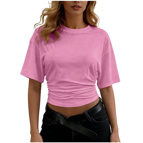 OGLCCG Womens Short Sleeve Crop Tops Casual Crewneck Cinched Waist T Shirts Summer Trendy Solid Color Y2K Going Out Basic Tees,S,Pink