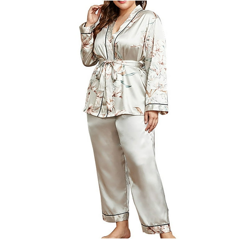 OGLCCG Womens Silk Satin Pajamas 2 Piece Set Plus Size Long Sleeve Belted  Cardigan with Wide Leg Long Pants Soft Comfy Loungewear