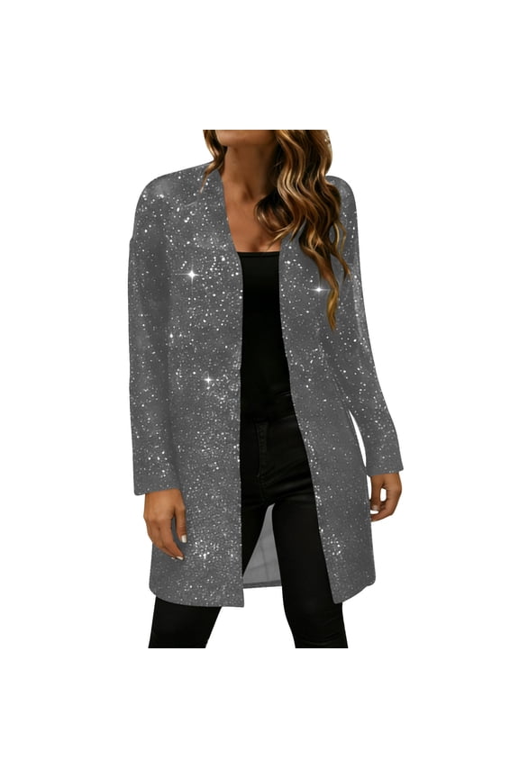 Womens Sparkly Sequins Cardigan Lightweight 3/4 Sleeve Open Front Shrug Bolero Jacket Loose Fit Party Glitter Outwear