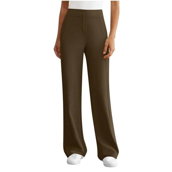 OGLCCG Womens Straight Leg Yoga Pants Elastic High Waist Wide Leg Work Dress Pants with Pockets Solid Color Casual Stretch Lounge Trousers,XL,Brown