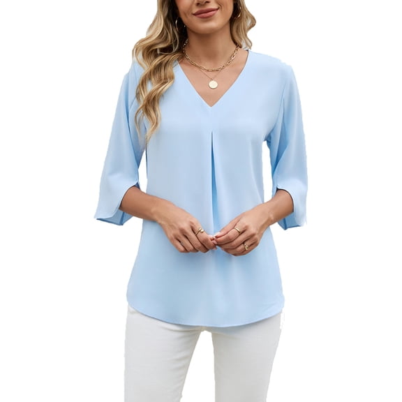 OGLCCG Womens Summer Chiffon Blouses 3/4 Length Sleeve V Neck Casual Pleated Work Tunic Tops Loose Fit Flowy Business Dressy Tshirts,XXL,Sky Blue