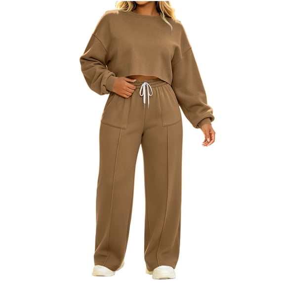 OGLCCG Womens Sweatsuits 2 Piece Set Casual Long Sleeve Fleece Crop Sweatshirts Wide Leg Sweatpants Fall Winter Women's Tracksuit Set