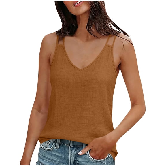OGLCCG Womens Tank Tops Cotton Linen Summer Casual Sleeveless V Neck Camisole Loose Fit Spaghetti Strap Solid Color Cami Tank Top,S,Coffee