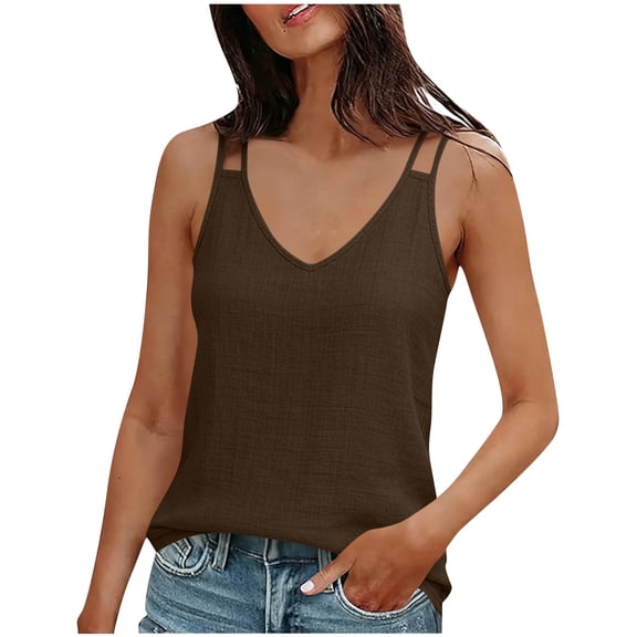 OGLCCG Womens Tank Tops Cotton Linen Summer Casual Sleeveless V Neck Camisole Loose Fit Spaghetti Strap Solid Color Cami Tank Top,XXL,Brown