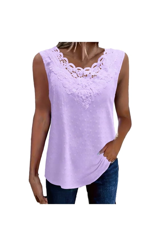 Womens Tank Tops Summer Floral Lace Trim V Neck Shirts Casual Sleeveless Blouses Fashion Loose Fit Cute Eyelet Tunics Shirts,XXL,Purple