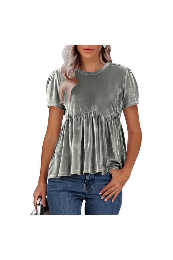 Womens Velvet Peplum Tops Casual Crewneck Pleated Blouse Summer Loose Fit Short Sleeve Flared Swing Pullover Shirts,M,Gray