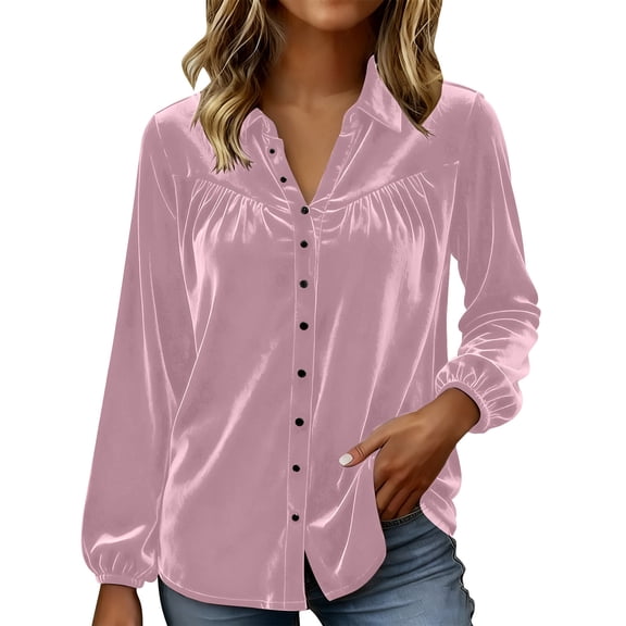 OGLCCG Womens Vintage Velvet Top Dressy Casual Long Sleeve Ruffle V Neck Button Down Work Blouses Trendy Elegant Loose Tunic Tops,XXL,Pink