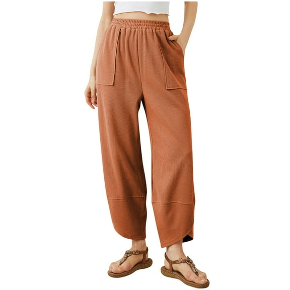 OGLCCG Womens Wide Leg Pants Casual Elastic Waisted Baggy Palazzo Harem Pants with Pockets Solid Color Long Lounge Trousers