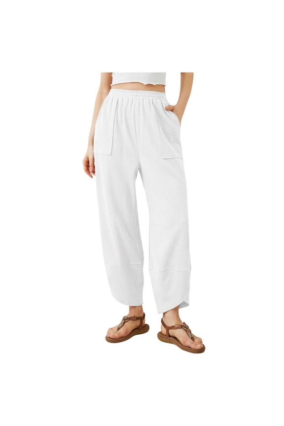 Womens Wide Leg Pants Casual Elastic Waisted Baggy Palazzo Harem Pants with Pockets Solid Color Long Lounge Trousers