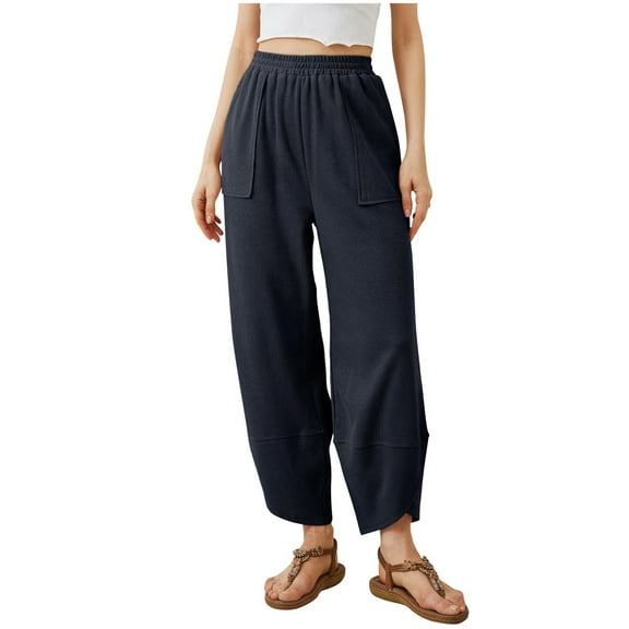 OGLCCG Womens Wide Leg Pants Casual Elastic Waisted Baggy Palazzo Harem Pants with Pockets Solid Color Long Lounge Trousers