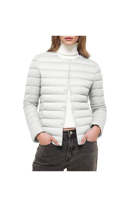 Womens Winter Quilted Jackets Casual Long Sleeve Button Down Puffer Jacket Solid Color Lightweight Slim Fit Down Coats,S,White