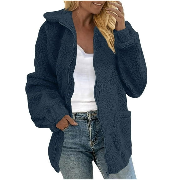 OGLCCG Womens Winter Trendy Sherpa Full Zipper Long Sleeve Casual Fuzzy Fleece Jackets Loose Fit Soft Warm Teddy Coats with Pockets,L,Navy