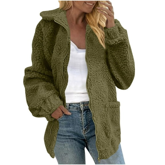OGLCCG Womens Winter Trendy Sherpa Full Zipper Long Sleeve Casual Fuzzy Fleece Jackets Loose Fit Soft Warm Teddy Coats with Pockets,S,Green