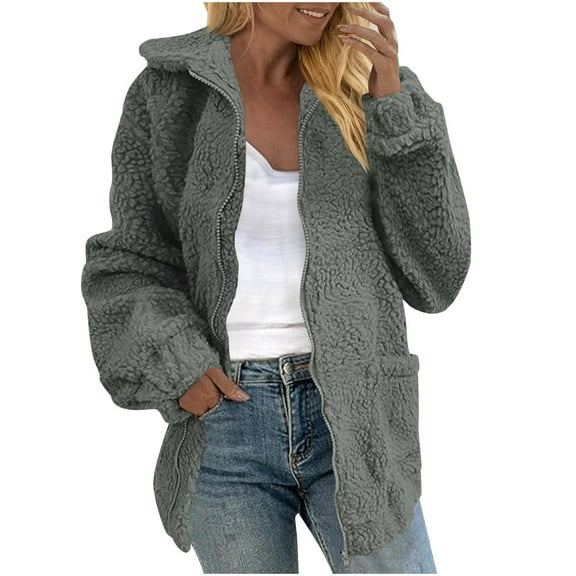 OGLCCG Womens Winter Trendy Sherpa Full Zipper Long Sleeve Casual Fuzzy Fleece Jackets Loose Fit Soft Warm Teddy Coats with Pockets,XL,Gray
