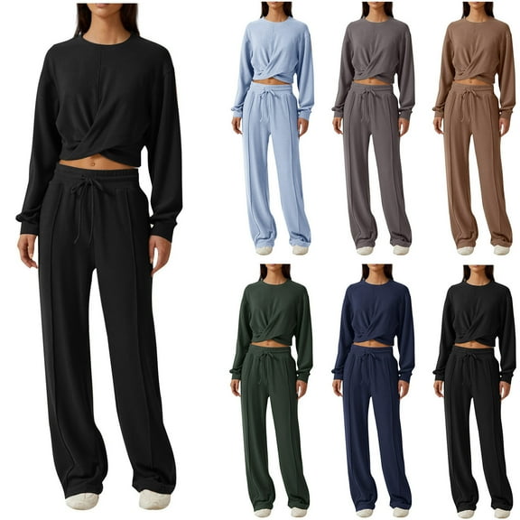 OGLCCG Womens Workout 2 Piece Outfits Sweatsuits Sets Long Sleeve Crop Tops Wide Leg Pants 2024 Women Casual Tracksuits Sets