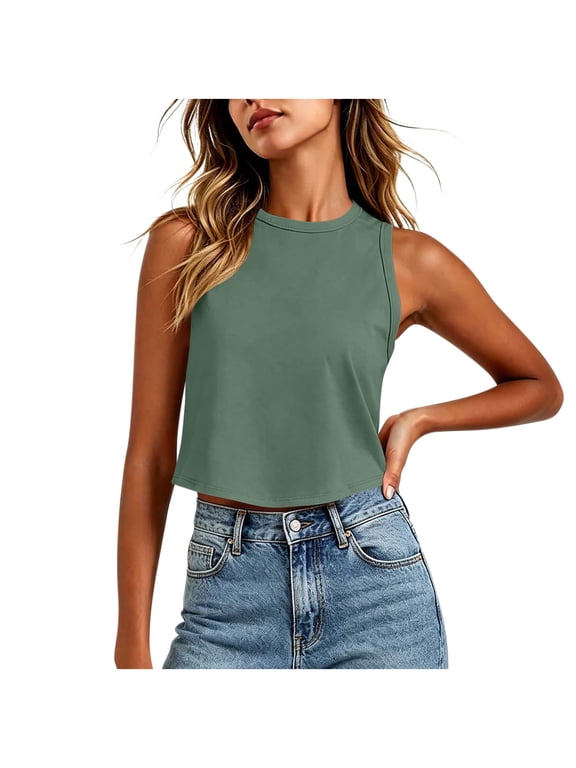 Womens Workout Cropped Tank Tops Sleeveless Crewneck Running Yoga Active Shirts Summer Sport Athletic Tank Tops,Army Green