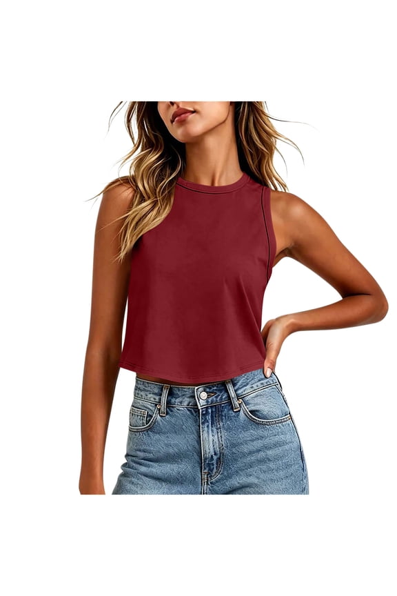 Womens Workout Cropped Tank Tops Sleeveless Crewneck Running Yoga Active Shirts Summer Sport Athletic Tank Tops,Wine