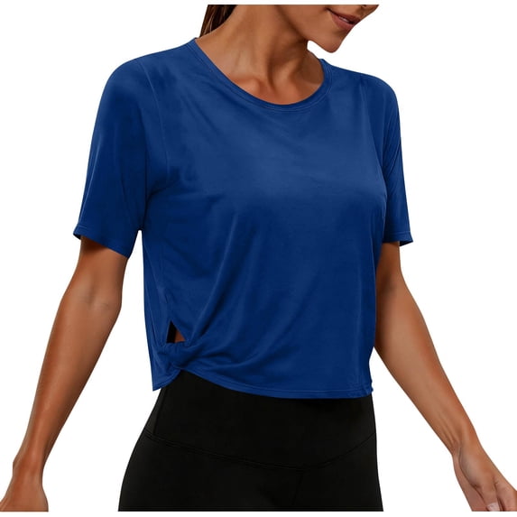 OGLCCG Workout Crop Tops for Women Loose Fit Lightweight Breathable Yoga T Shirts Summer Breathable Sports Running Athletic Tops,XL,Blue