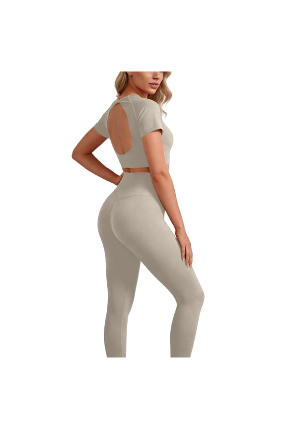 Workout Sets for Women 2 Piece High Waisted Seamless Leggings with Short Sleeve Crew Neck Crop Tops Sets Stretchy Gym Athletic Clothes,S,Khaki