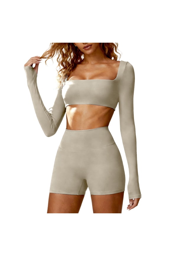 Workout Sets for Women 2 Piece Square Neck Long Sleeve Crop Tops and High Waist Biker Shorts Slim Fit Sleamless Gym Sets,L,Khaki