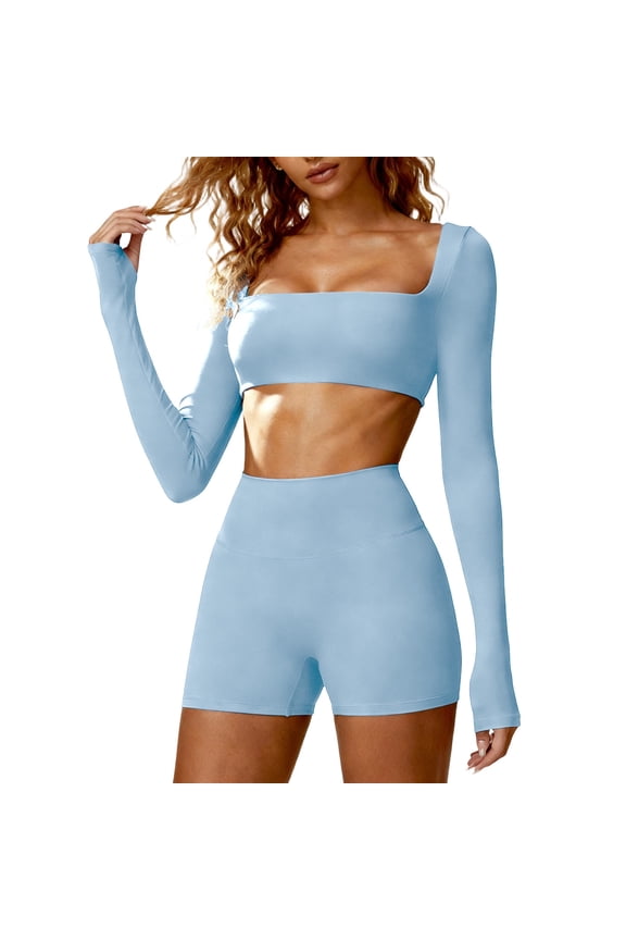 Workout Sets for Women 2 Piece Square Neck Long Sleeve Crop Tops and High Waist Biker Shorts Slim Fit Sleamless Gym Sets,S,Light Blue