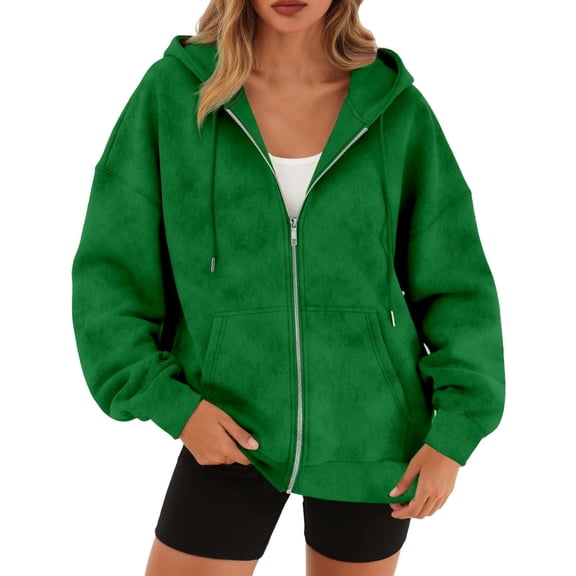 OGLCCG Zip Up Suede Hoodies for Women Oversized Sweatshirt Jacket with Pockets Cute Y2k Casual Hooded Outwear With Pockets,XL,Green