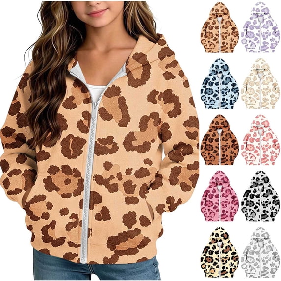 OGLCCG Zip up Hoodies Girls Kids Casual Long Sleeve Hooded Sweatshirt Leopard Print Fall Jacket with Pockets Size 7-8