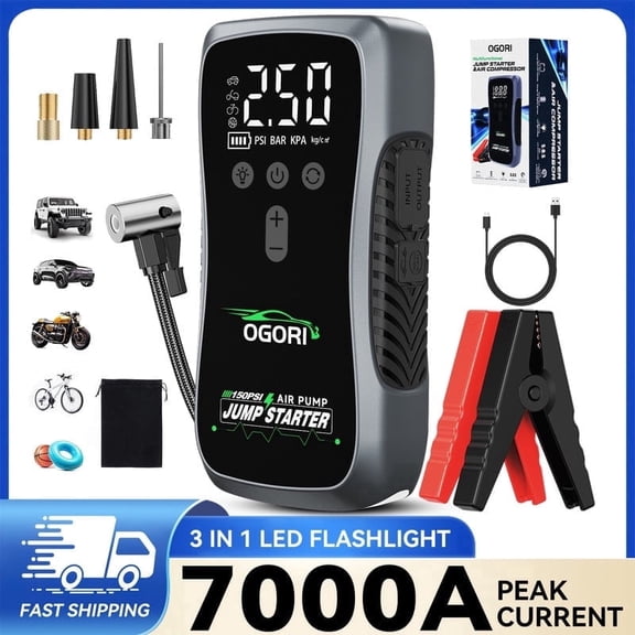 OGORI 4-in-1 Car Jump Starter 7000A with Air Compressor 150PSI Portable Car Battery Jump Starter (ALL Gas/8.0L Diesel Engine), 12V Portable Jump Box Car Battery Jumper Starter with Jumper Cables
